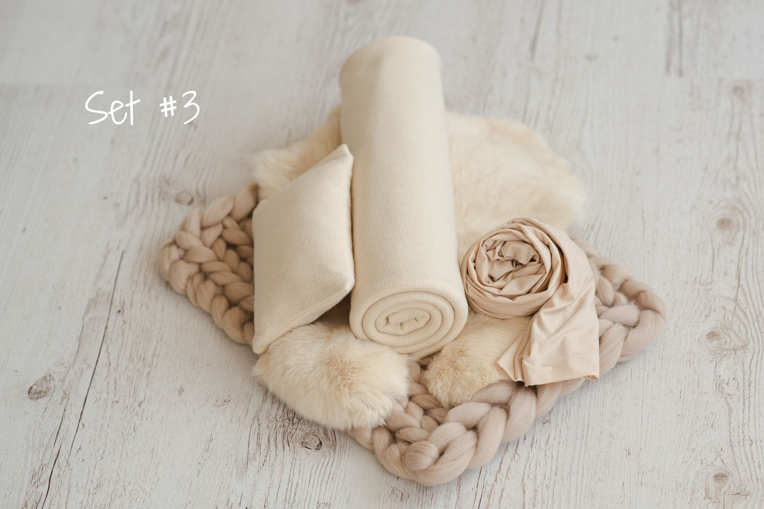 Light Beige Newborn Photography Props Set, Newborn Fabric Backdrop Beanbag, Natural rabbit fur, Newborn Posing Fabric, Newborn Posing Pillow