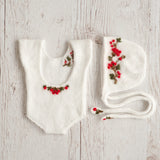 Newborn Knitted Romper for Girl with Bonnet & Wrap, Newborn Christmas Outfit Girl, Newborn Photography Props, Newborn Photo Props Set