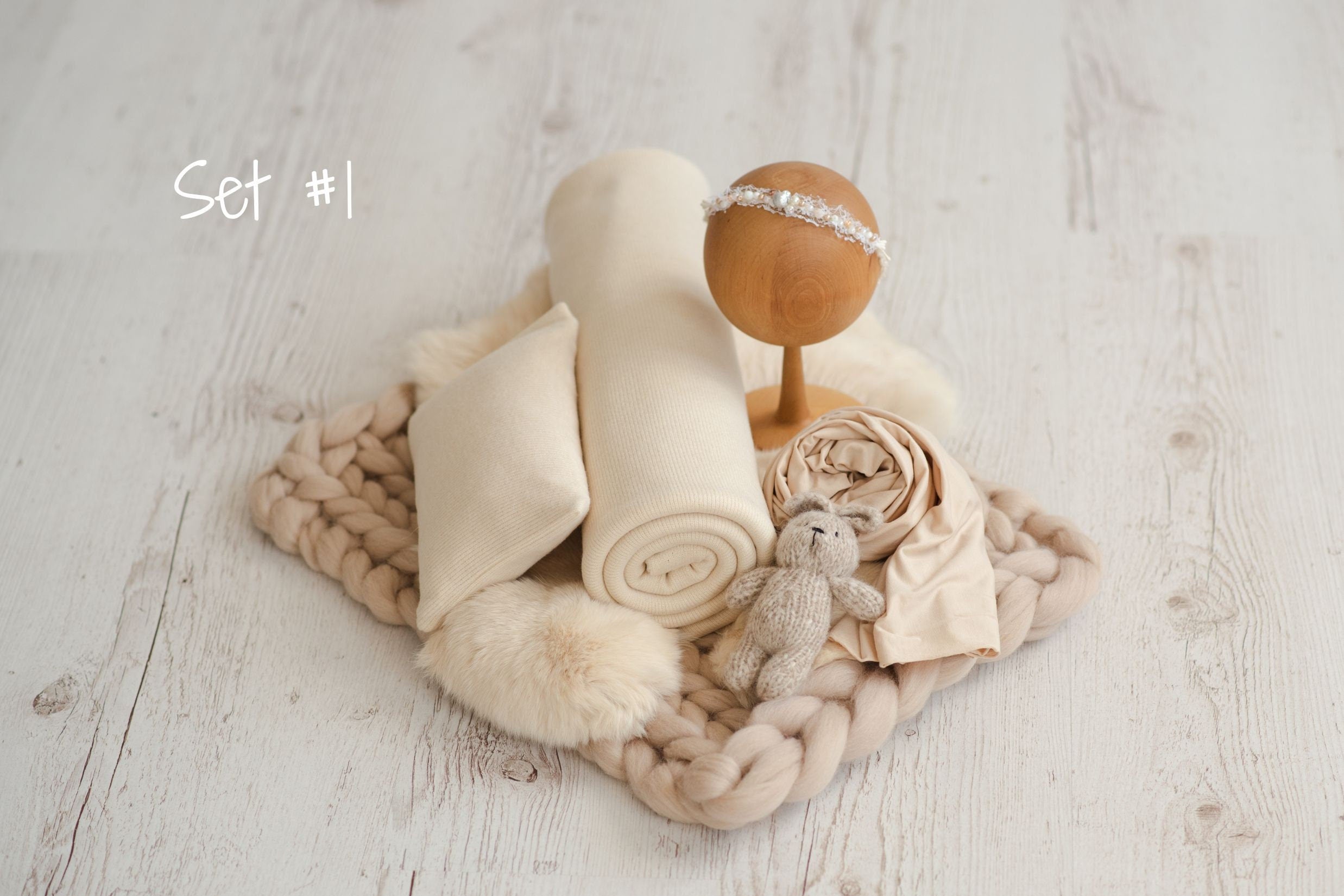 Light Beige Newborn Photography Props Set, Newborn Fabric Backdrop Beanbag, Natural rabbit fur, Newborn Posing Fabric, Newborn Posing Pillow