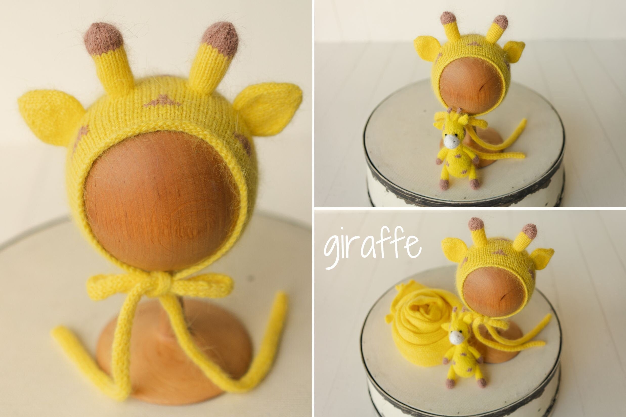 Newborn Animal Hat with Toy, Newborn Knitted Outfit, Newborn Animal Outfit, Newborn Photography Props, Newborn Giraffe Outfit, Newborn Panda