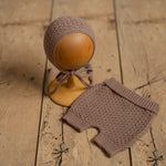 Brown Newborn Crochet Romper and Bonnet Set, Newborn Knitted Outfit, Newborn Knitted Blanket, Newborn Photography props, Baby Boy Outfit