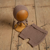 Brown Newborn Crochet Romper and Bonnet Set, Newborn Knitted Outfit, Newborn Knitted Blanket, Newborn Photography props, Baby Boy Outfit