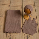 Brown Newborn Crochet Romper and Bonnet Set, Newborn Knitted Outfit, Newborn Knitted Blanket, Newborn Photography props, Baby Boy Outfit