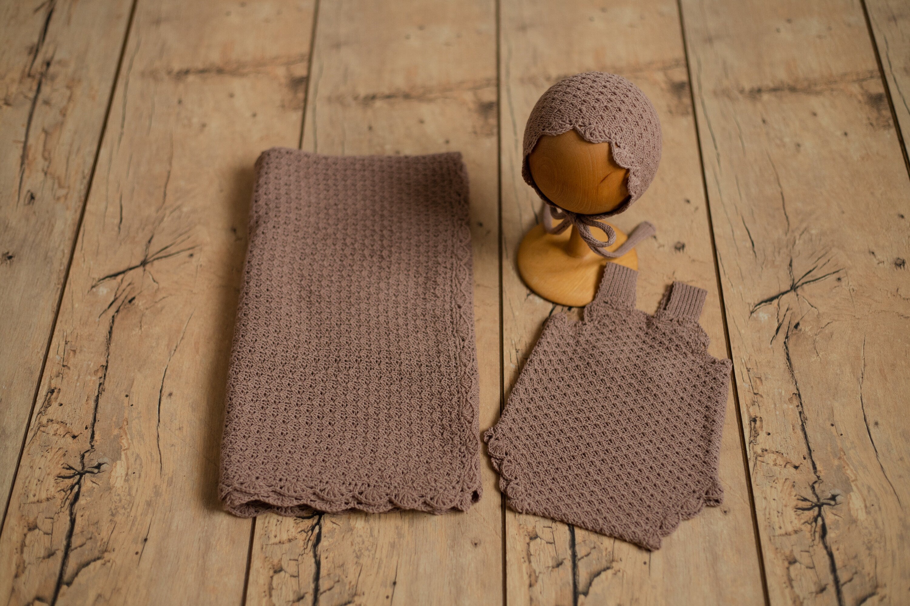 Brown Newborn Crochet Romper and Bonnet Set, Newborn Knitted Outfit, Newborn Knitted Blanket, Newborn Photography props, Baby Boy Outfit