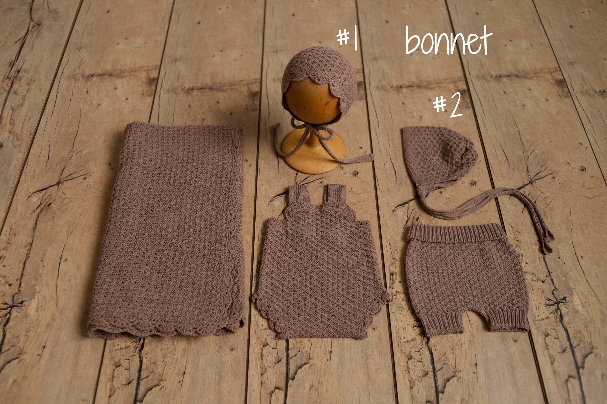 Brown Newborn Crochet Romper and Bonnet Set, Newborn Knitted Outfit, Newborn Knitted Blanket, Newborn Photography props, Baby Boy Outfit