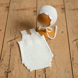 White Newborn Crochet Romper and Bonnet Set, Newborn Knitted Outfit, Newborn Knitted Blanket, Newborn Photography props, Baby Girl Romper