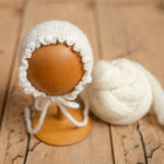 Hand-knitted mohair baby girl bonnet – newborn photography prop