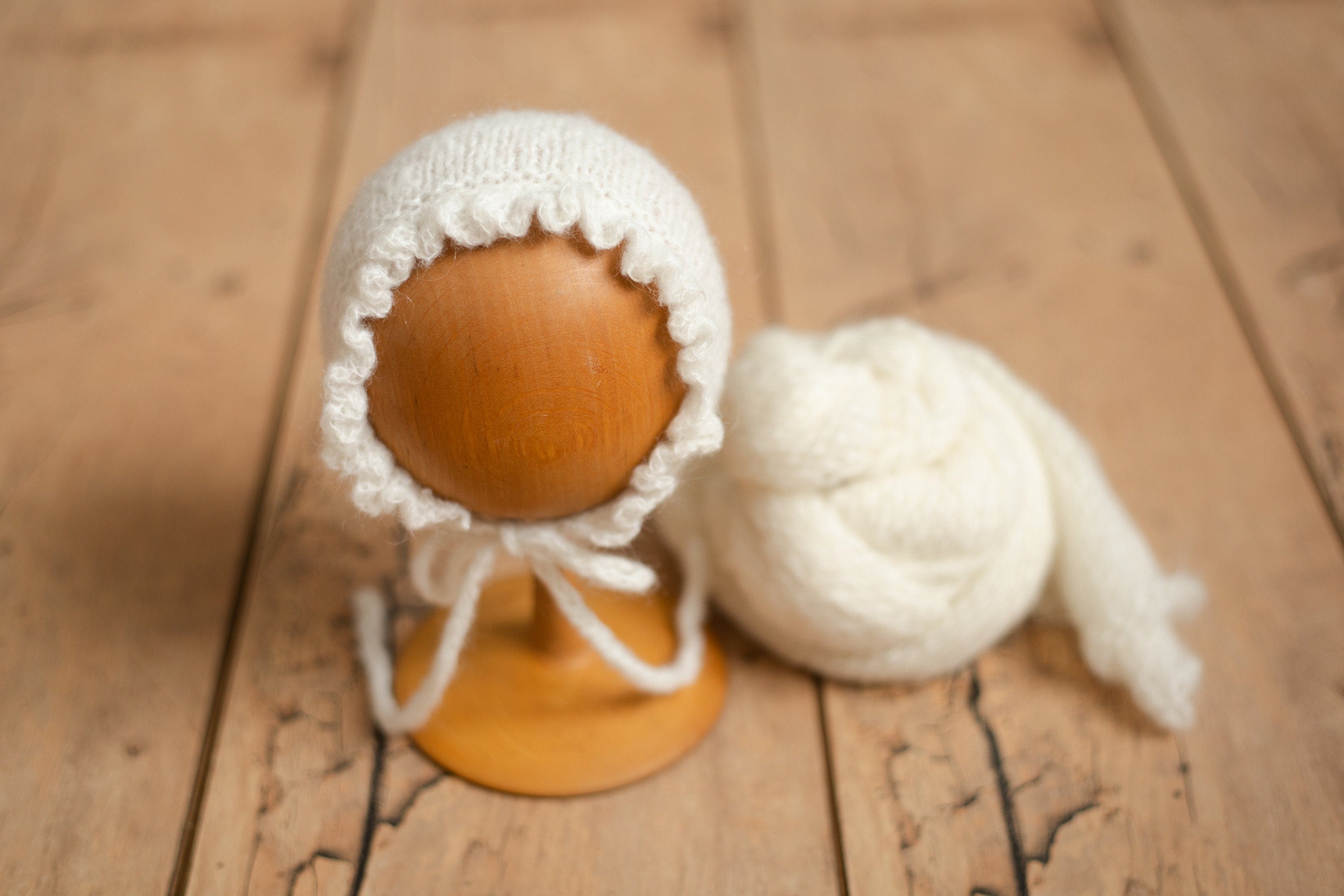 Hand-knitted mohair baby girl bonnet – newborn photography prop