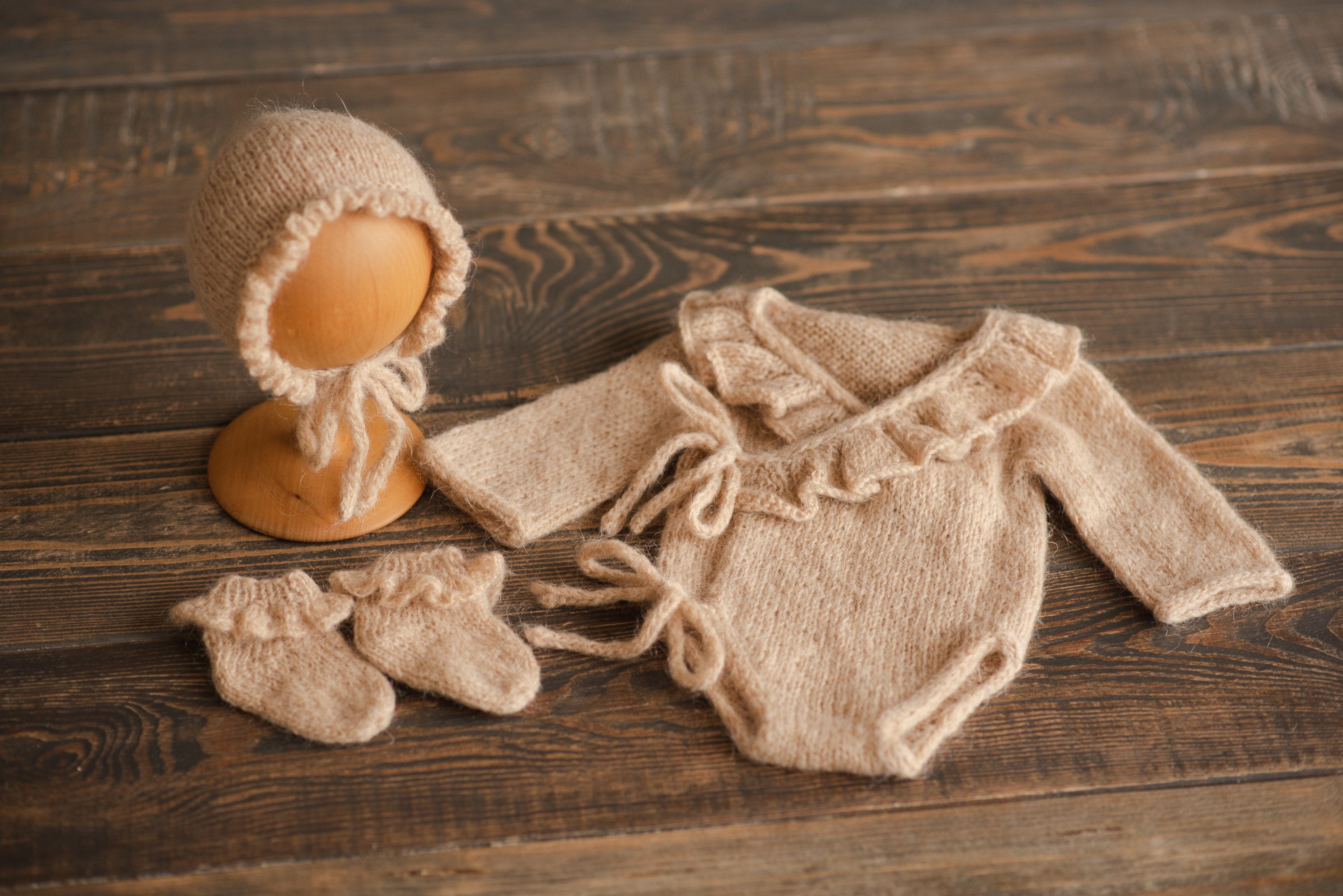 Hand-knitted mohair baby girl bonnet – newborn photography prop