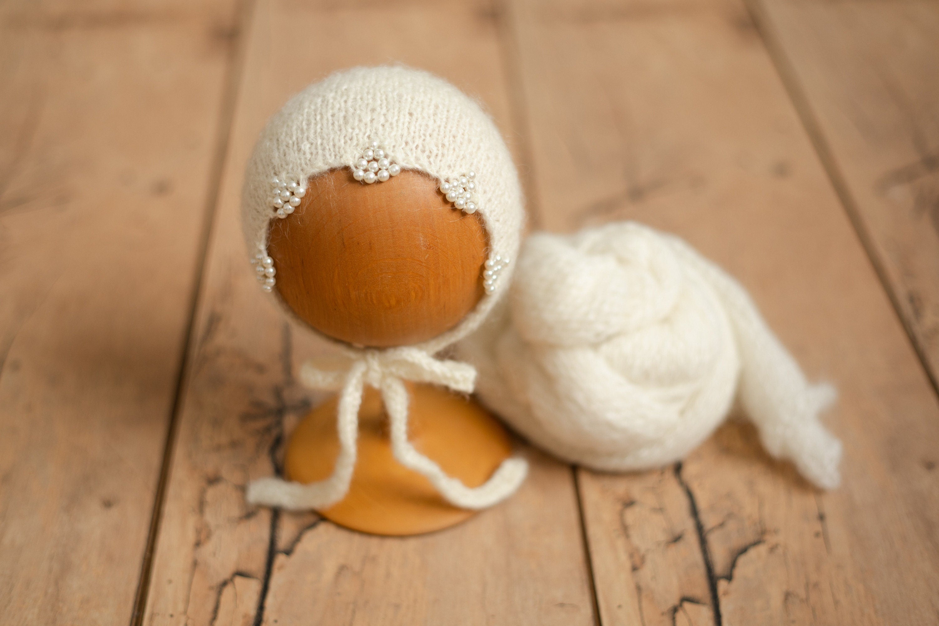 Mohair baby bonnet with matching wrap – newborn photography props