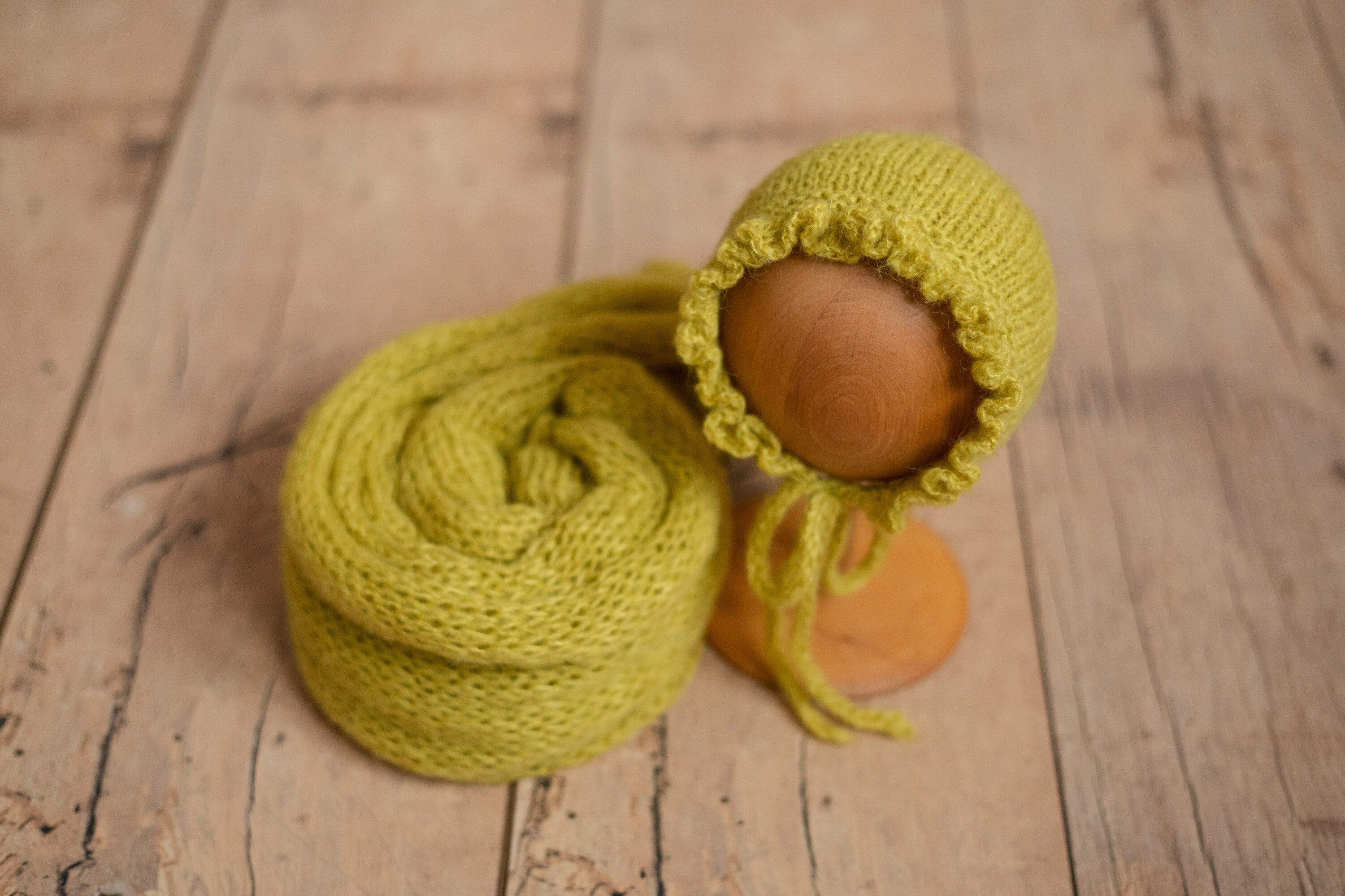 Hand-knitted mohair baby girl bonnet – newborn photography prop