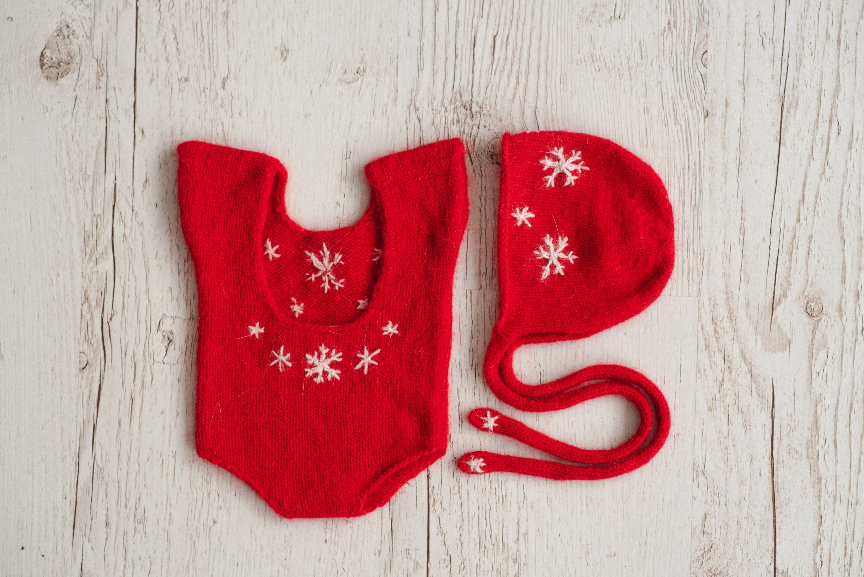 Newborn Knitted Romper for Girl with Bonnet & Wrap, Newborn Christmas Outfit Girl, Newborn Photography Props, Newborn Photo Props Set