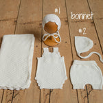 White Newborn Crochet Romper and Bonnet Set, Newborn Knitted Outfit, Newborn Knitted Blanket, Newborn Photography props, Baby Girl Romper