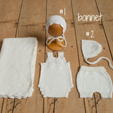 White Newborn Crochet Romper and Bonnet Set, Newborn Knitted Outfit, Newborn Knitted Blanket, Newborn Photography props, Baby Girl Romper