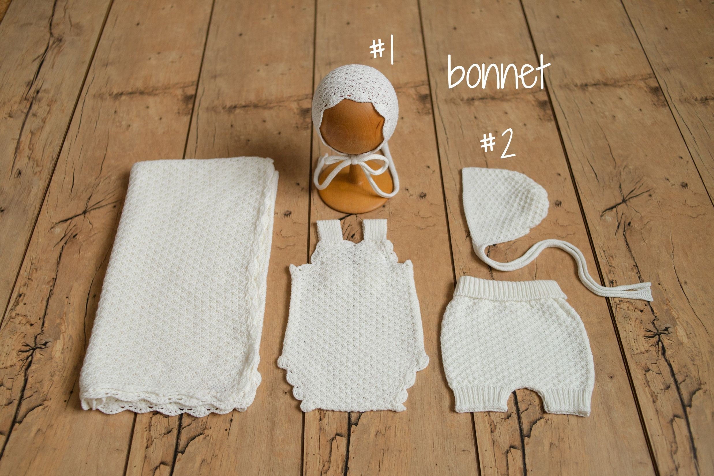 White Newborn Crochet Romper and Bonnet Set, Newborn Knitted Outfit, Newborn Knitted Blanket, Newborn Photography props, Baby Girl Romper