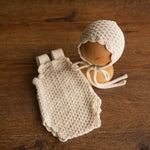 Natural Newborn Crochet Romper and Bonnet Set, Newborn Knitted Outfit, Newborn Knitted Blanket, Newborn Photography props, Baby Girl Romper