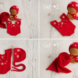 Newborn Knitted Romper for Girl with Bonnet & Wrap, Newborn Christmas Outfit Girl, Newborn Photography Props, Newborn Photo Props Set