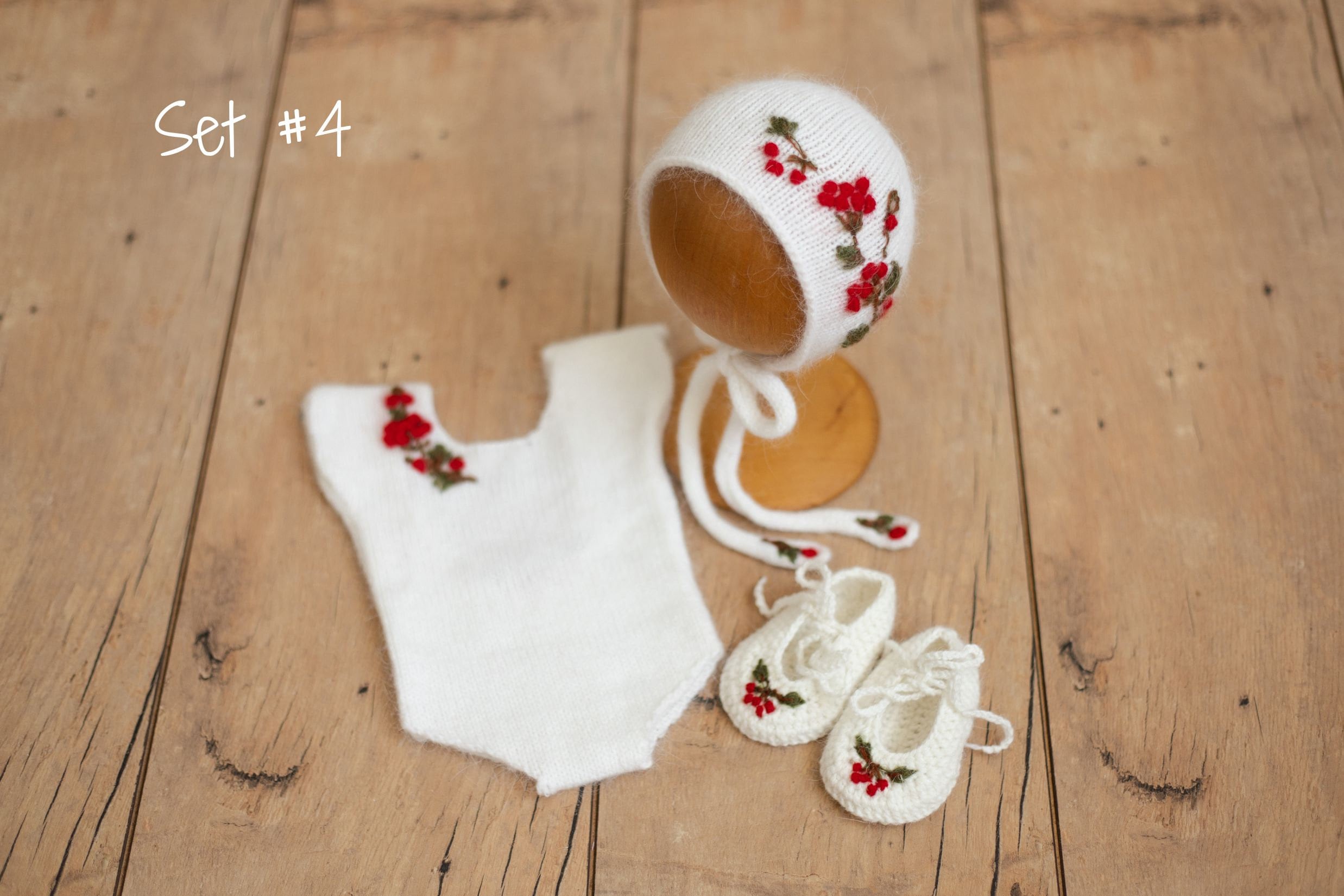 Newborn Knitted Romper for Girl with Bonnet & Wrap, Newborn Christmas Outfit Girl, Newborn Photography Props, Newborn Photo Props Set