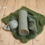Moss Green Newborn Photography Props, Newborn Knitted Bonnet and Wool Blanket, Newborn Posing Pillow, Newborn Posing Fabric Backdrop Beanbag