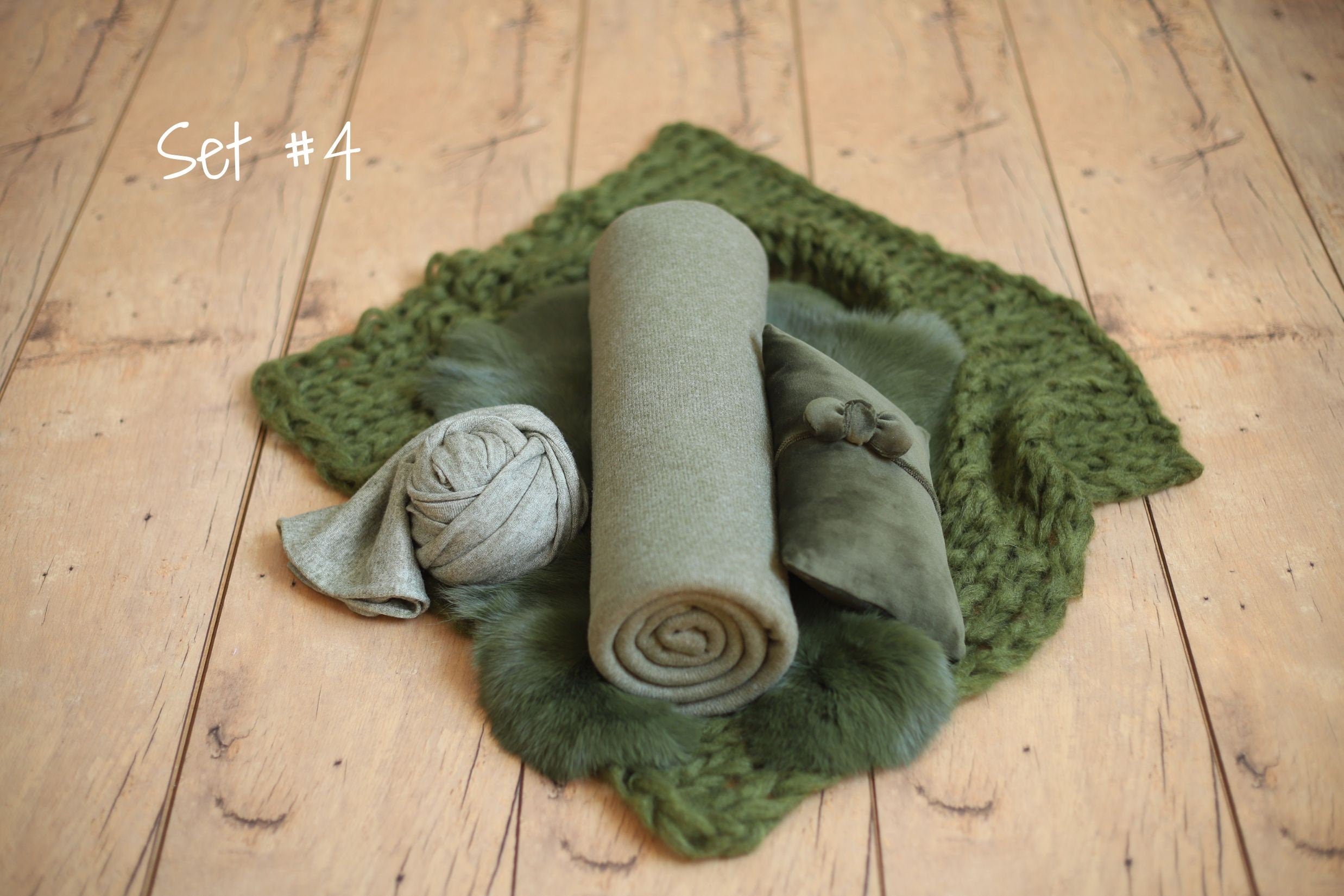 Moss Green Newborn Photography Props, Newborn Knitted Bonnet and Wool Blanket, Newborn Posing Pillow, Newborn Posing Fabric Backdrop Beanbag