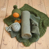 Moss Green Newborn Photography Props, Newborn Knitted Bonnet and Wool Blanket, Newborn Posing Pillow, Newborn Posing Fabric Backdrop Beanbag