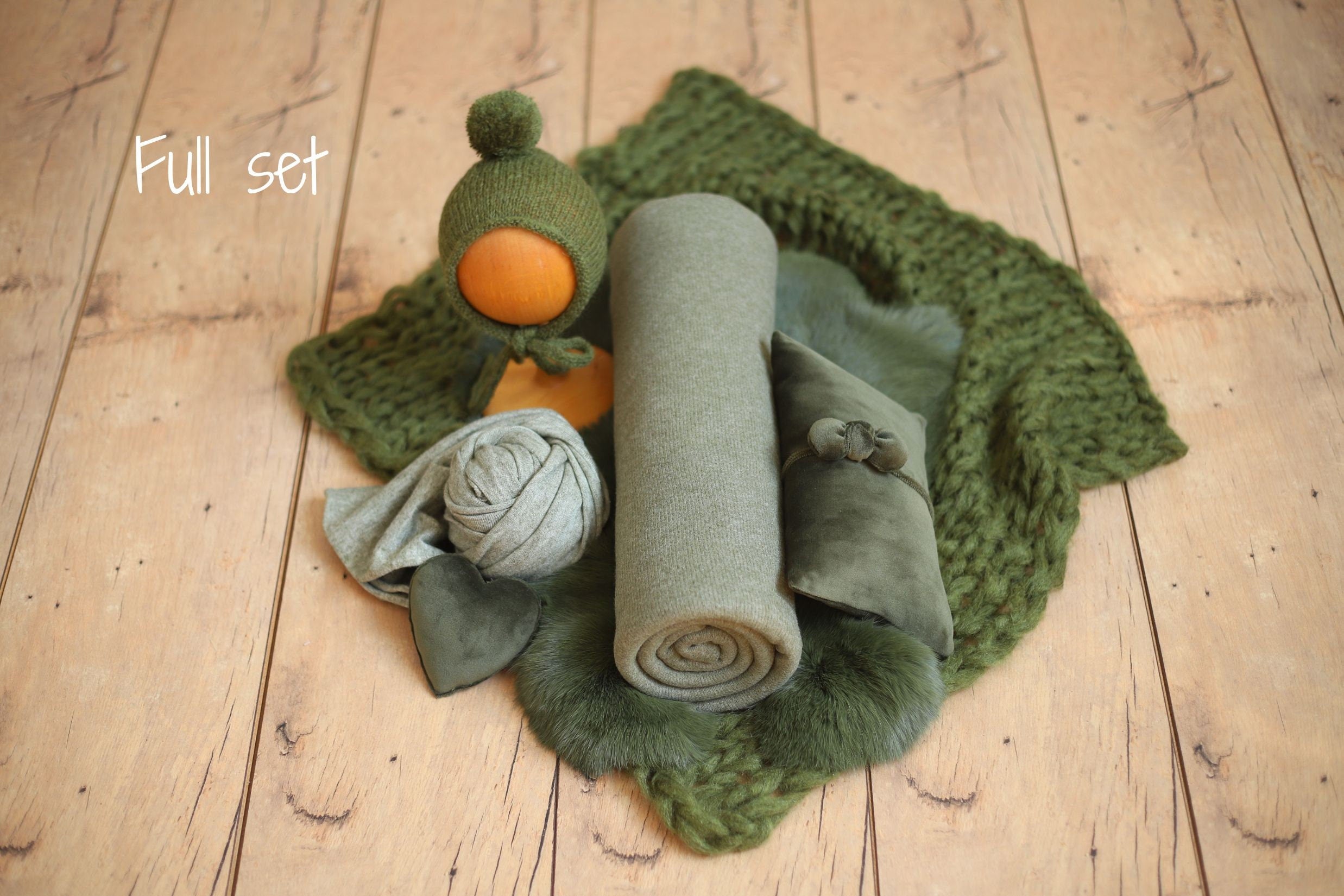 Moss Green Newborn Photography Props, Newborn Knitted Bonnet and Wool Blanket, Newborn Posing Pillow, Newborn Posing Fabric Backdrop Beanbag
