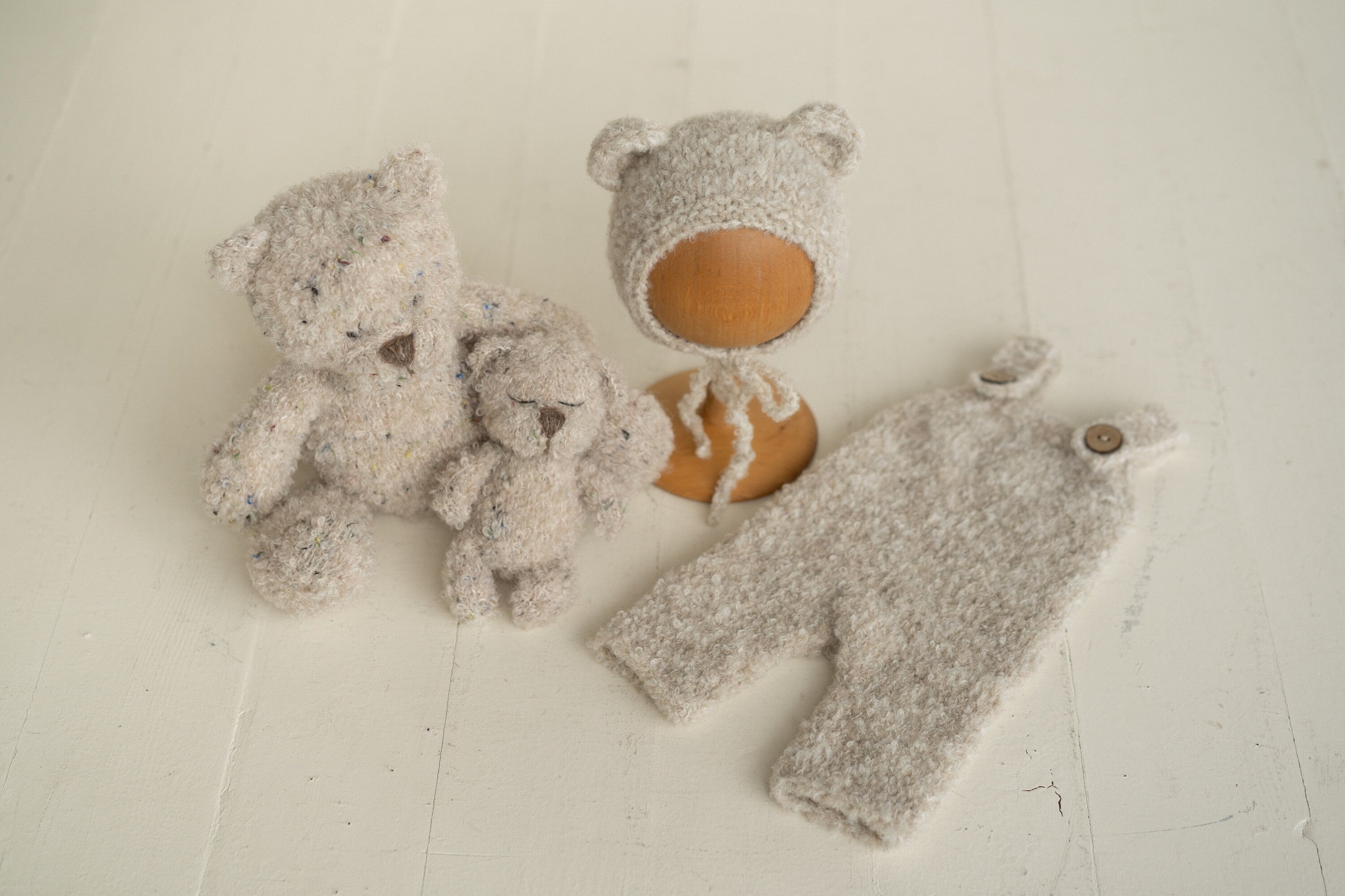 Newborn Knit Boucle Overall, Newborn Knit Teddy Bear Outfit, Newborn Knitted Outfit, Newborn Bear Hat Boucle, Newborn Photography Props Set