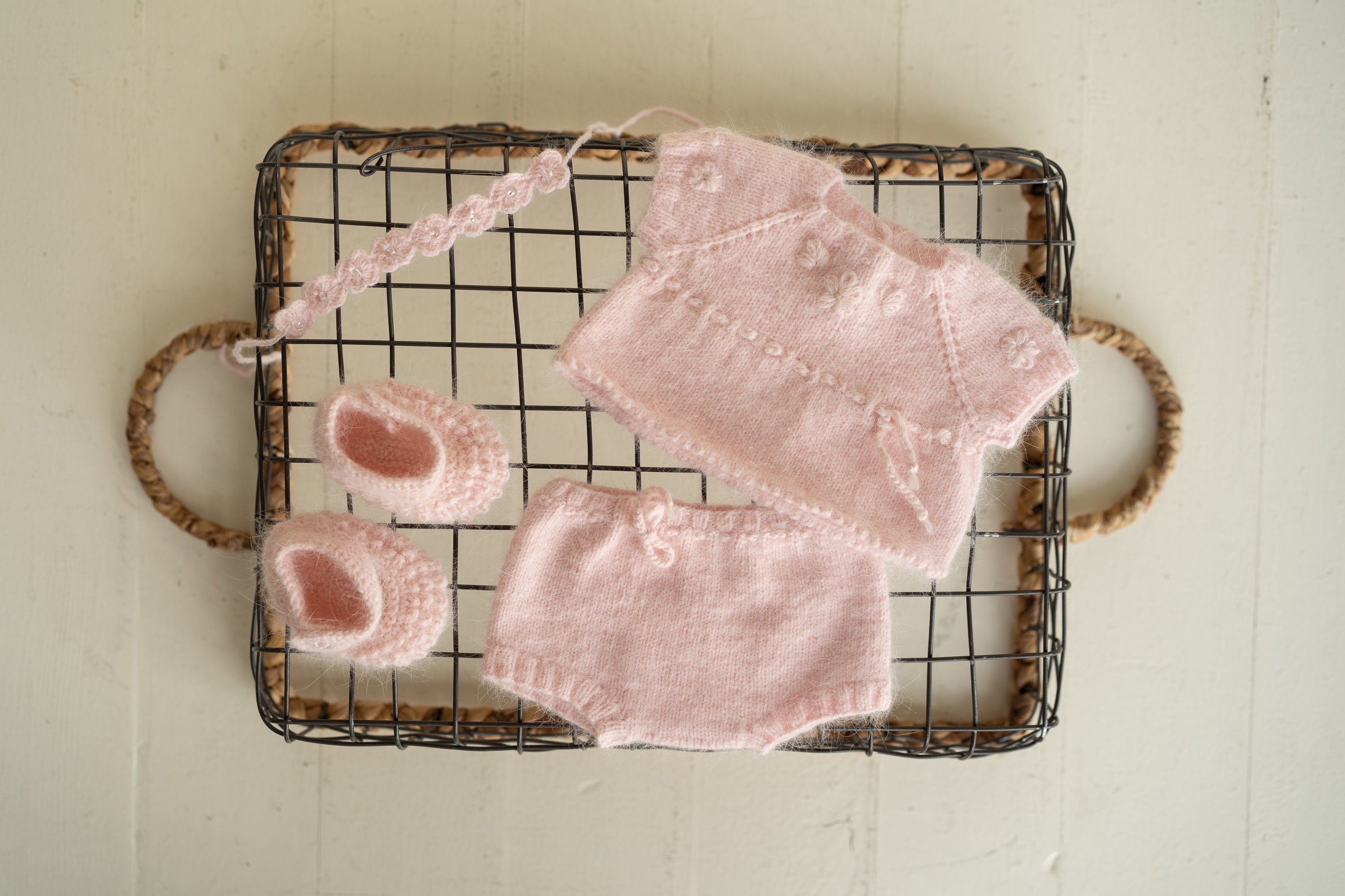 Newborn Knitted Romper for Girl with Headband and Knit Booties, Newborn Girl Coming Home Outfit, Newborn Knitted Outfit, Newborn Photo Props