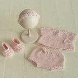Newborn Knitted Romper for Girl with Headband and Knit Booties, Newborn Girl Coming Home Outfit, Newborn Knitted Outfit, Newborn Photo Props