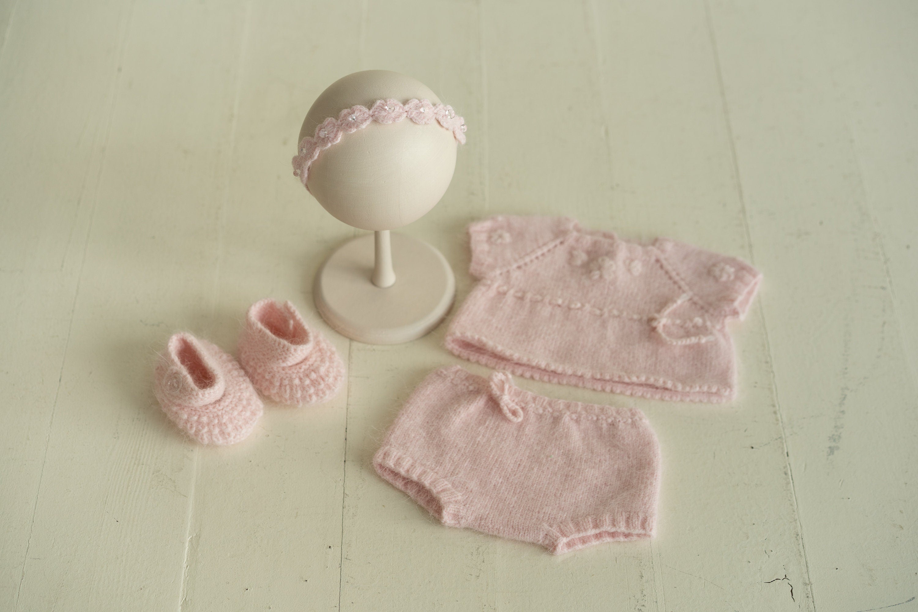 Newborn Knitted Romper for Girl with Headband and Knit Booties, Newborn Girl Coming Home Outfit, Newborn Knitted Outfit, Newborn Photo Props