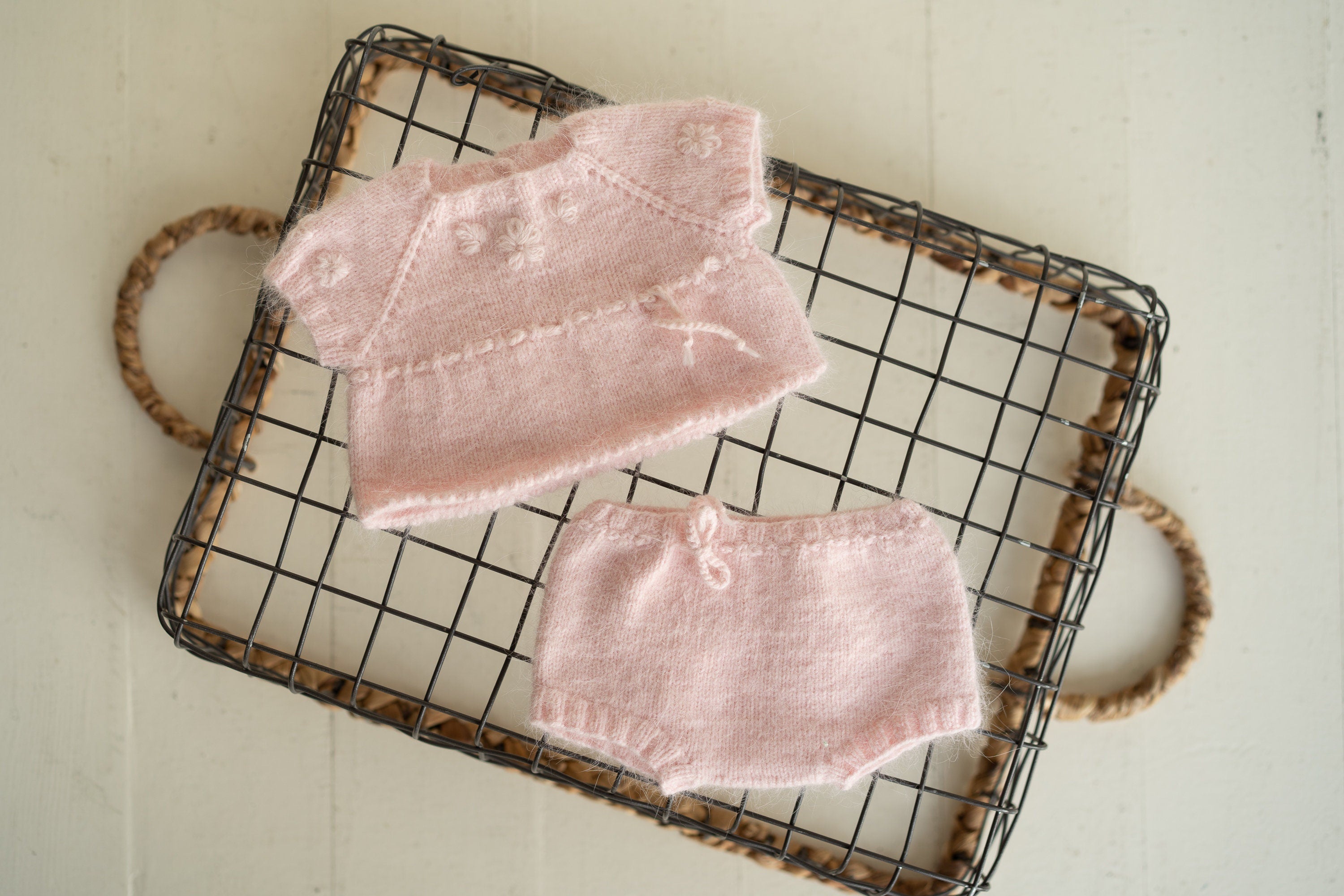 Newborn Knitted Romper for Girl with Headband and Knit Booties, Newborn Girl Coming Home Outfit, Newborn Knitted Outfit, Newborn Photo Props