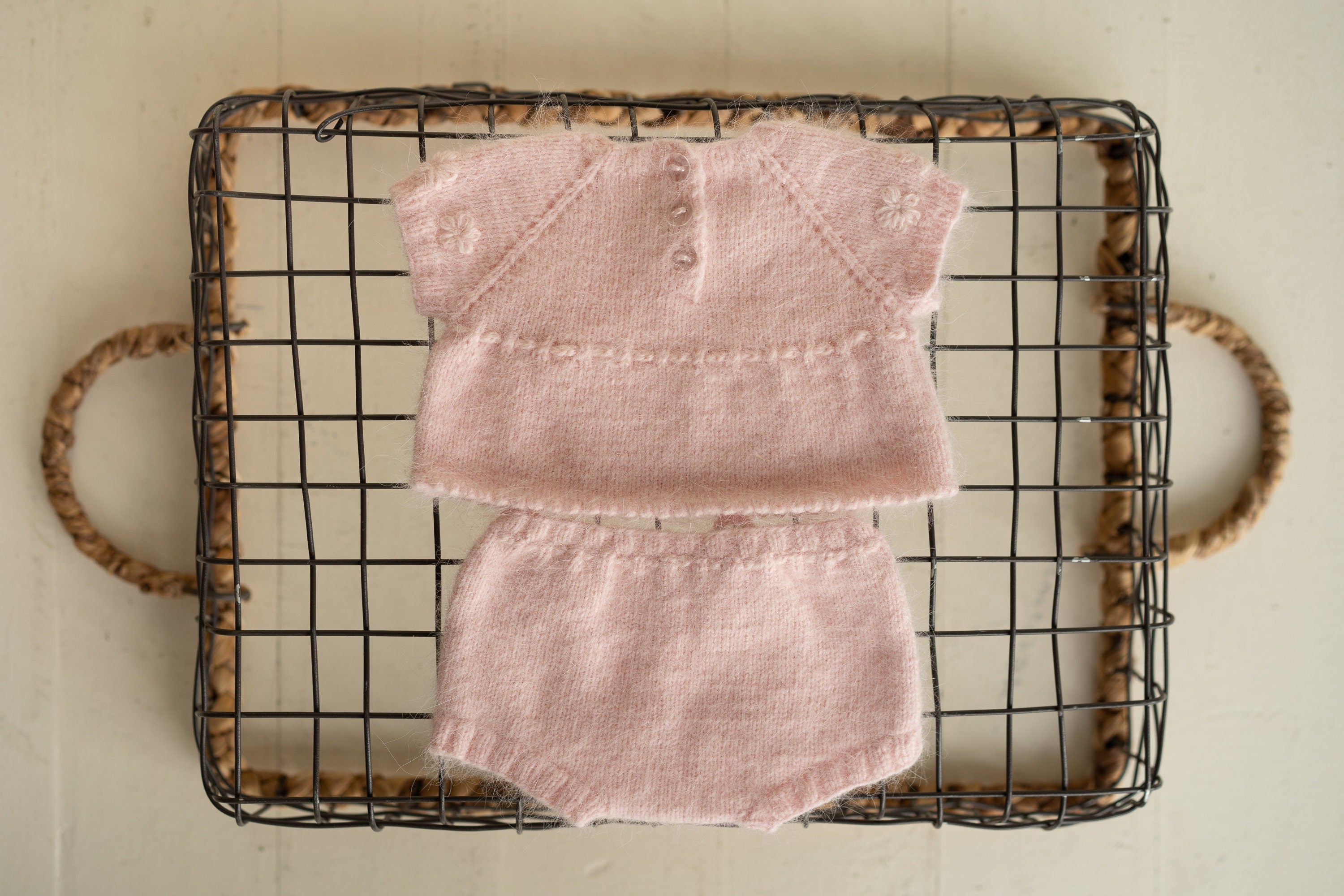 Newborn Knitted Romper for Girl with Headband and Knit Booties, Newborn Girl Coming Home Outfit, Newborn Knitted Outfit, Newborn Photo Props