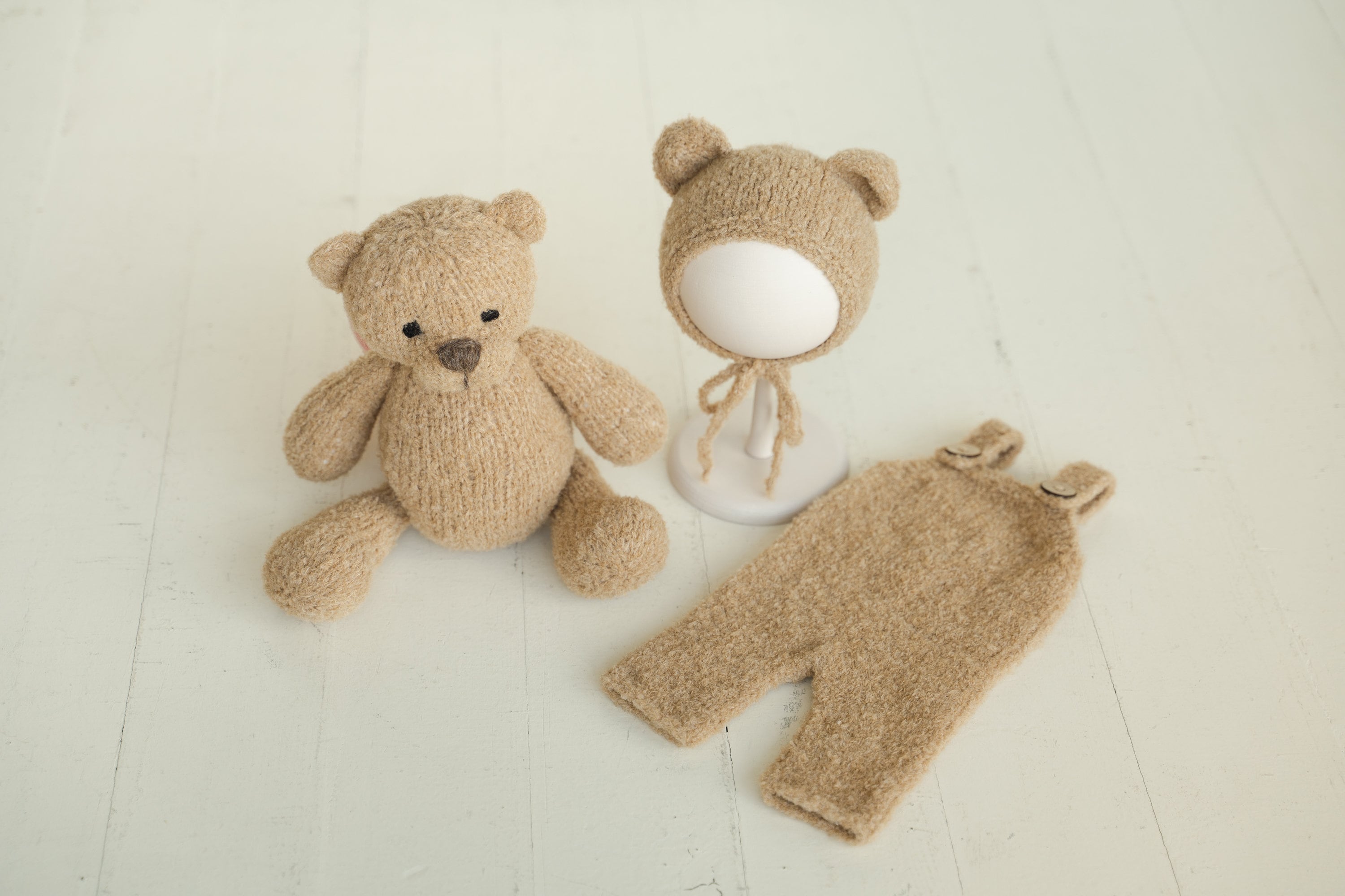 Newborn Knit Boucle Overall, Newborn Knit Teddy Bear Outfit, Newborn Knitted Outfit, Newborn Bear Hat Boucle, Newborn Photography Props Set