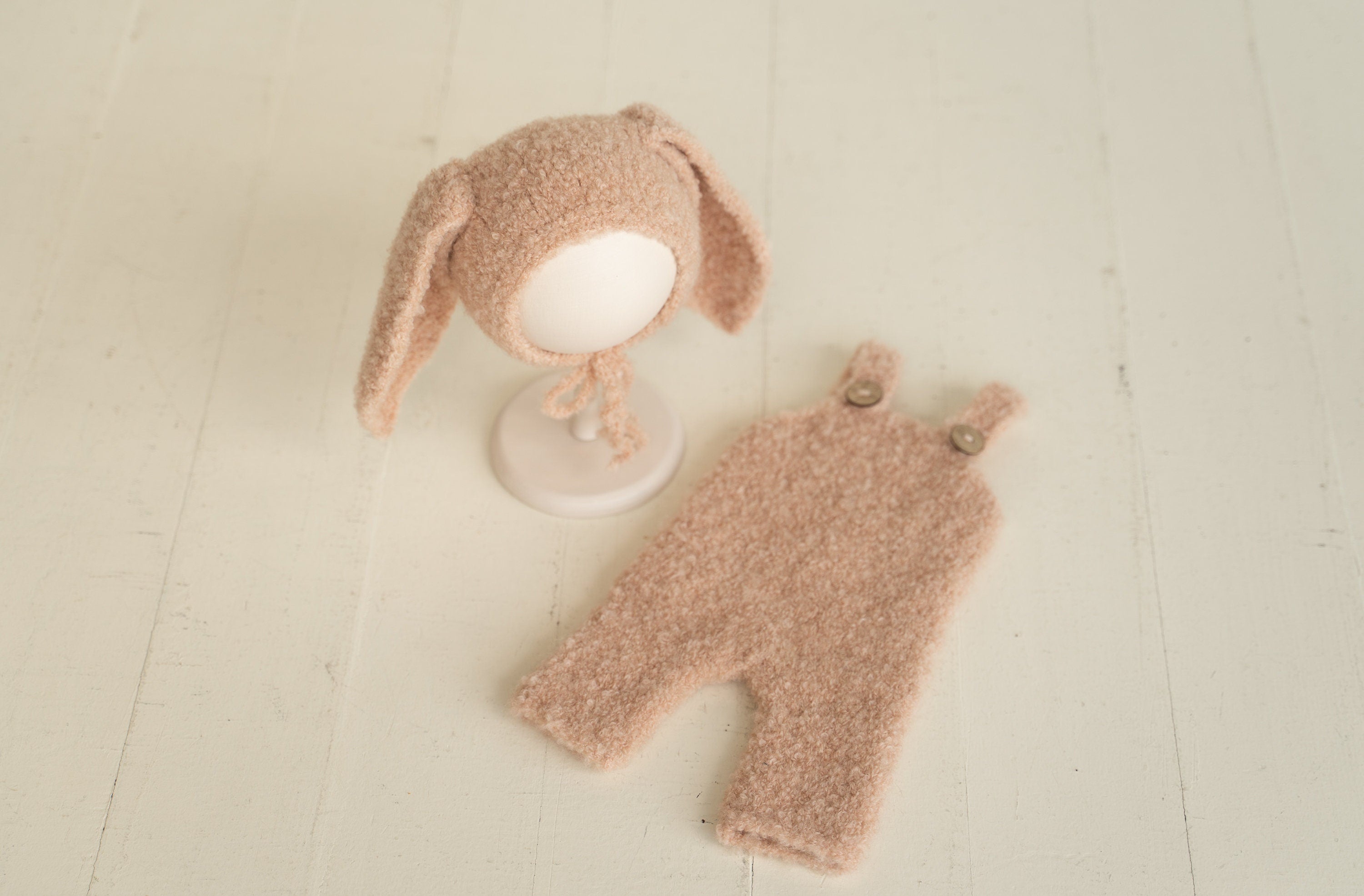 Boucle Knitted Bunny Toy with Bunny Outfit for Newborn Photography Props, Newborn Rabbit Outfit, Newborn Knitted Outfit, Newborn Bunny Ears