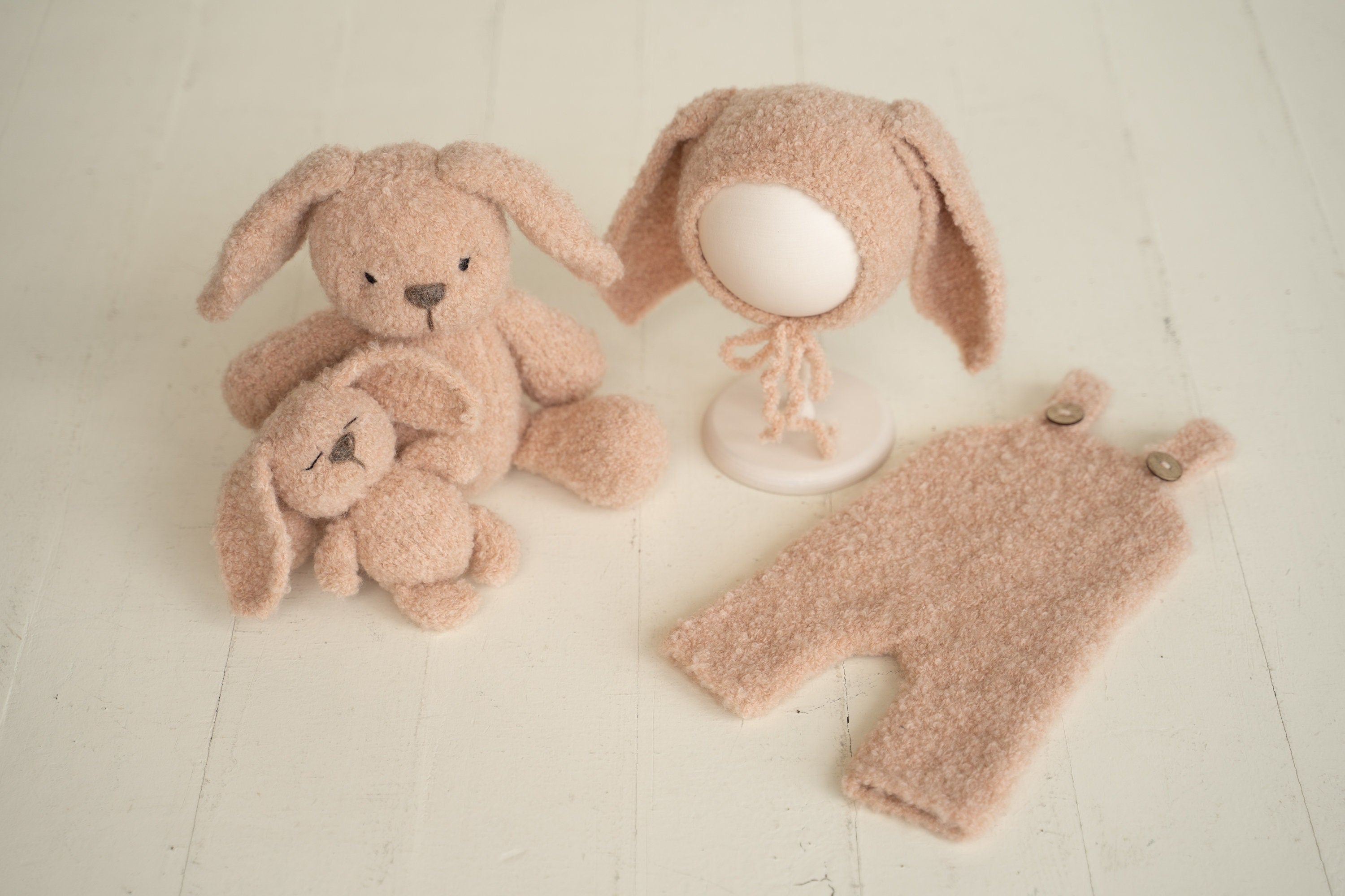 Boucle Knitted Bunny Toy with Bunny Outfit for Newborn Photography Props, Newborn Rabbit Outfit, Newborn Knitted Outfit, Newborn Bunny Ears
