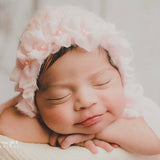 Newborn Knitted Bonnet with Pearls and Chiffon Ties, Newborn Girl Outfit, Newborn Girl Bonnet, Newborn Photography Props for Girl, Girl Hat