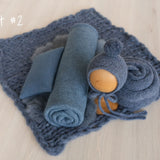 Blue Newborn Photography Props, Newborn Knitted Bonnet and Wool Blanket, Newborn Posing Pillow, Newborn Fabric Backdrop for Beanbag Pillow
