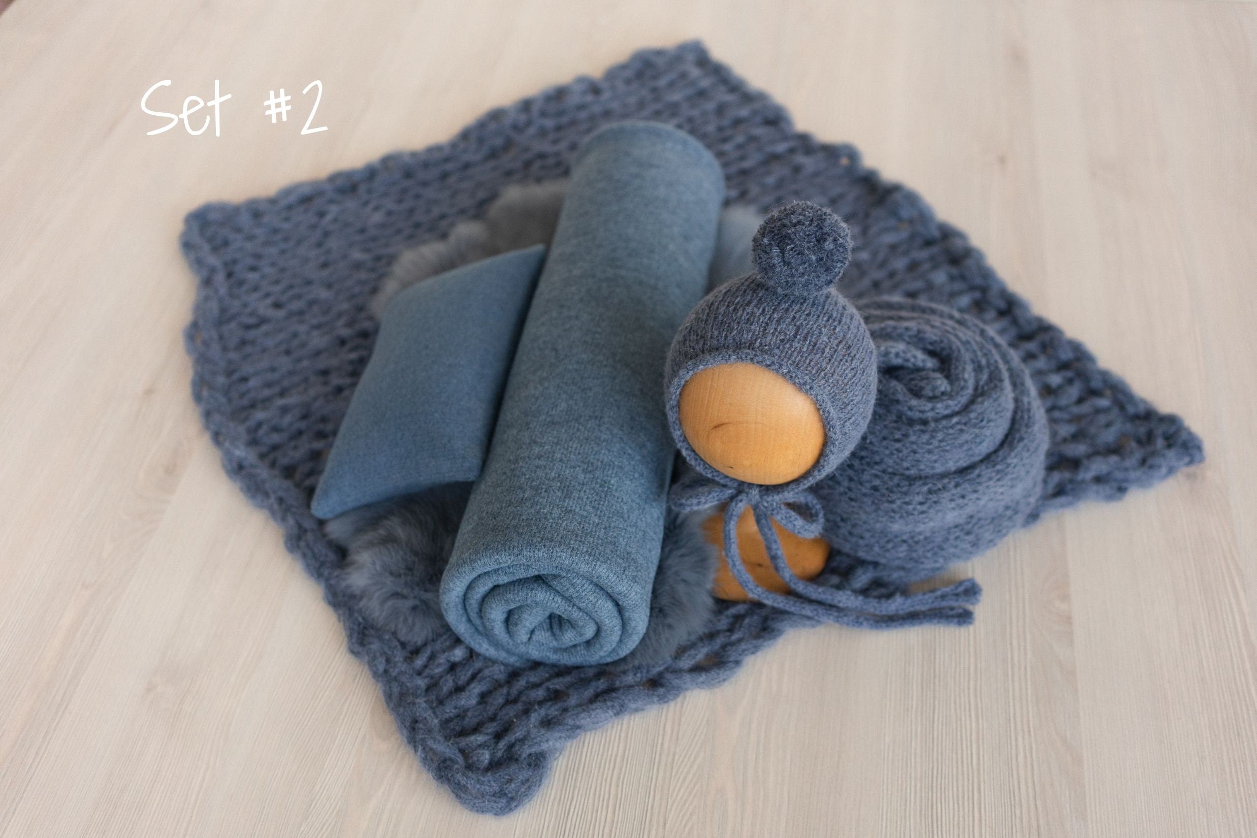 Blue Newborn Photography Props, Newborn Knitted Bonnet and Wool Blanket, Newborn Posing Pillow, Newborn Fabric Backdrop for Beanbag Pillow