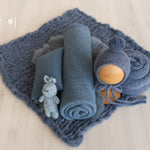 Blue Newborn Photography Props, Newborn Knitted Bonnet and Wool Blanket, Newborn Posing Pillow, Newborn Fabric Backdrop for Beanbag Pillow