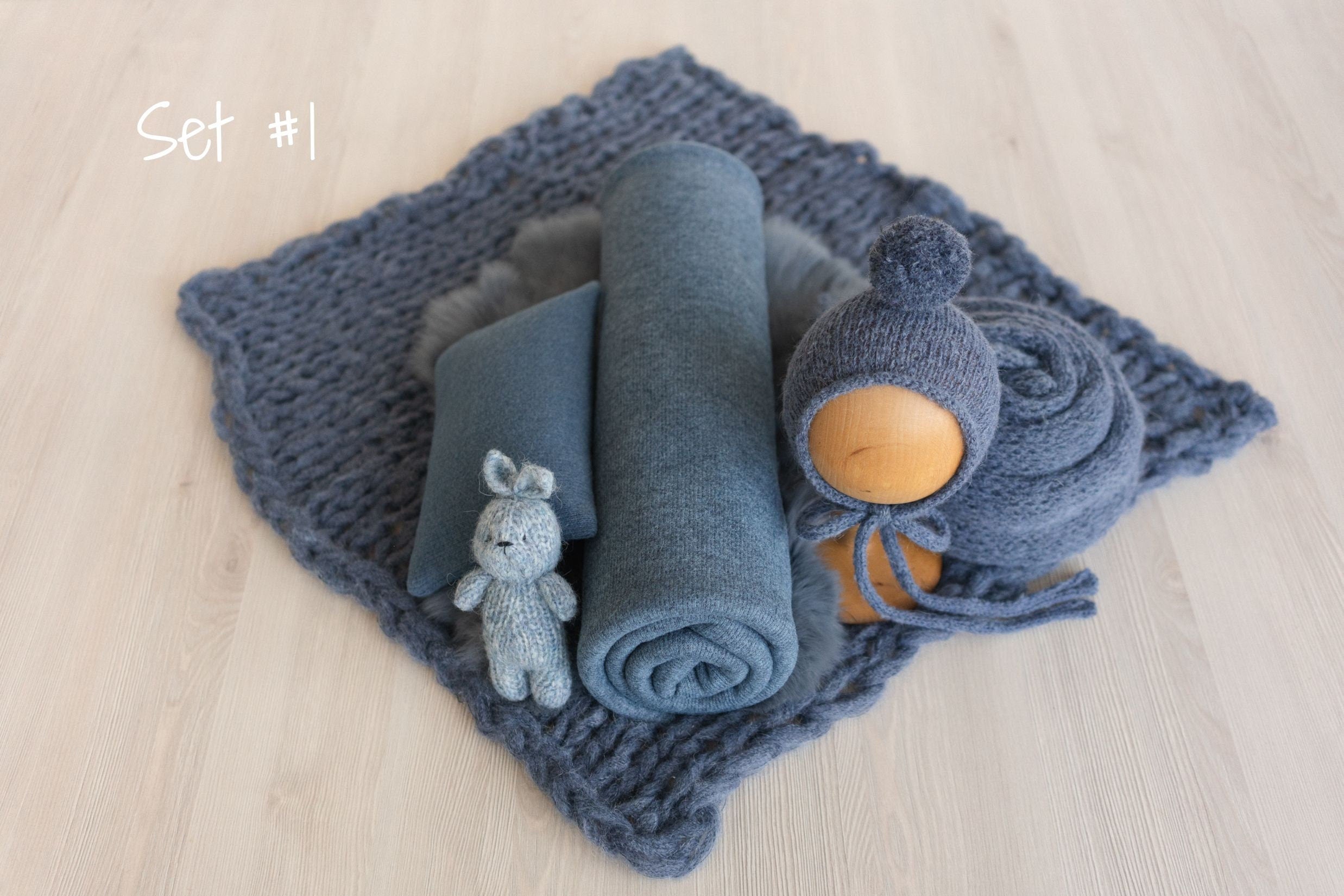 Blue Newborn Photography Props, Newborn Knitted Bonnet and Wool Blanket, Newborn Posing Pillow, Newborn Fabric Backdrop for Beanbag Pillow