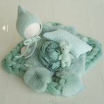 Mint Green Newborn Photography Props, Newborn Merino Wool Blanket, Newborn Posing Wrap, Newborn Posing Pillow, Newborn Bonnet Hat Kntted