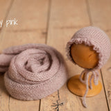 Hand-knitted mohair baby girl bonnet – newborn photography prop