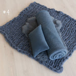 Blue Newborn Photography Props, Newborn Knitted Bonnet and Wool Blanket, Newborn Posing Pillow, Newborn Fabric Backdrop for Beanbag Pillow