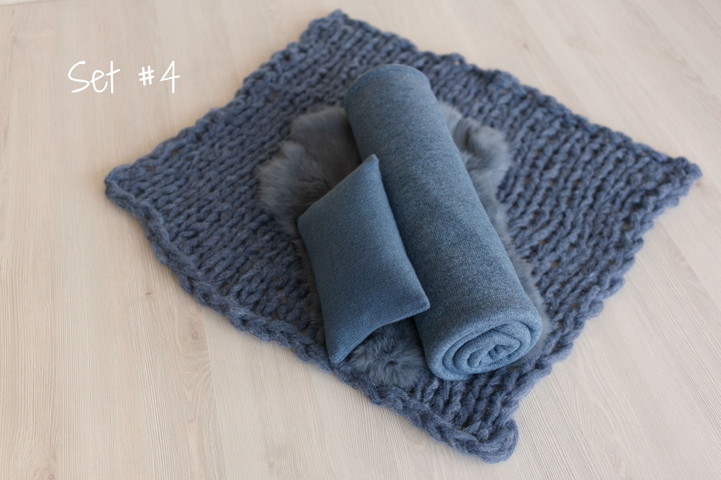 Blue Newborn Photography Props, Newborn Knitted Bonnet and Wool Blanket, Newborn Posing Pillow, Newborn Fabric Backdrop for Beanbag Pillow