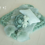 Mint Green Newborn Photography Props, Newborn Merino Wool Blanket, Newborn Posing Wrap, Newborn Posing Pillow, Newborn Bonnet Hat Kntted
