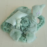 Mint Green Newborn Photography Props, Newborn Merino Wool Blanket, Newborn Posing Wrap, Newborn Posing Pillow, Newborn Bonnet Hat Kntted