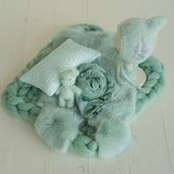Mint Green Newborn Photography Props, Newborn Merino Wool Blanket, Newborn Posing Wrap, Newborn Posing Pillow, Newborn Bonnet Hat Kntted