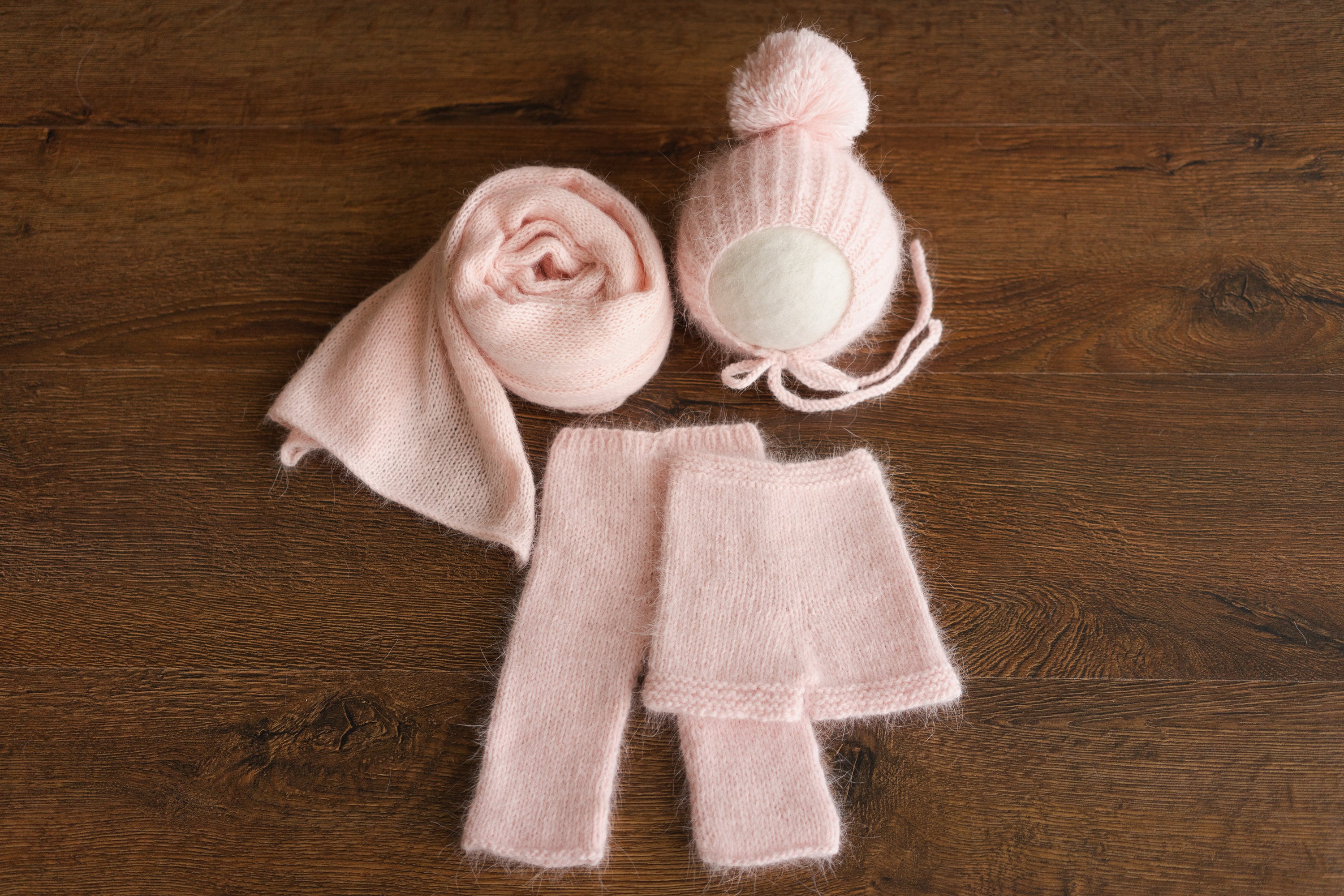 Handmade baby knitted bonnet with pompom – soft angora wool for newborns