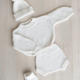 Newborn Coming Home Outfit with Knitted Baby Chunky Sweater, Bloomers, Socks and Hat with Pom Pom, Unisex Baby Knitted Sweater Outfit
