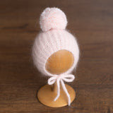 Handmade baby knitted bonnet with pompom – soft angora wool for newborns